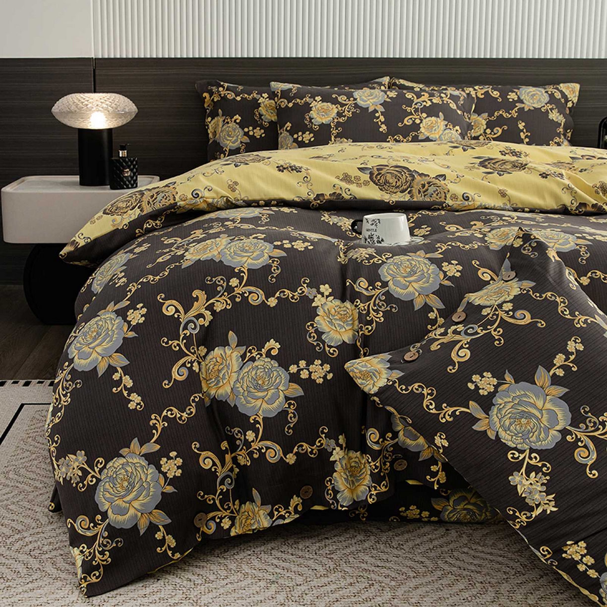 91家纺网 家纺一手货源 找家纺 果洋家纺 2025新款水洗双层纱复古纽扣款轻奢风小碎花系列四件套 花藤倚梦