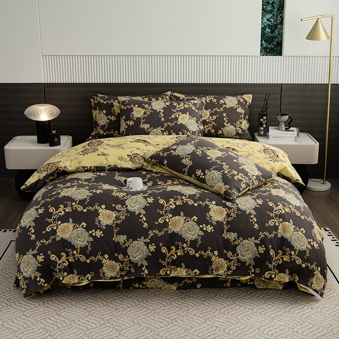 91家纺网 家纺一手货源 找家纺 果洋家纺 2025新款水洗双层纱复古纽扣款轻奢风小碎花系列四件套 花藤倚梦