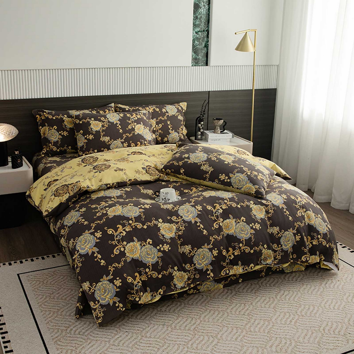 91家纺网 家纺一手货源 找家纺 果洋家纺 2025新款水洗双层纱复古纽扣款轻奢风小碎花系列四件套 花藤倚梦