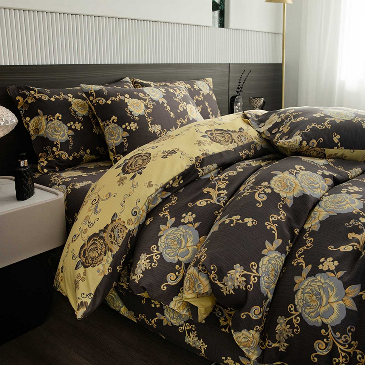 91家纺网 家纺一手货源 找家纺 果洋家纺 2025新款水洗双层纱复古纽扣款轻奢风小碎花系列四件套 花藤倚梦