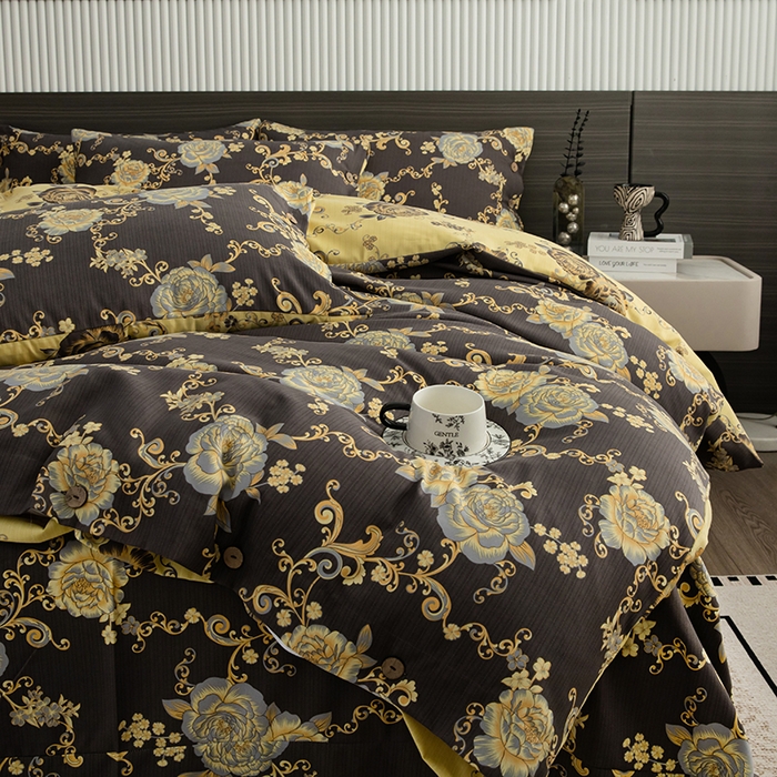 91家纺网 家纺一手货源 找家纺 果洋家纺 2025新款水洗双层纱复古纽扣款轻奢风小碎花系列四件套 花藤倚梦