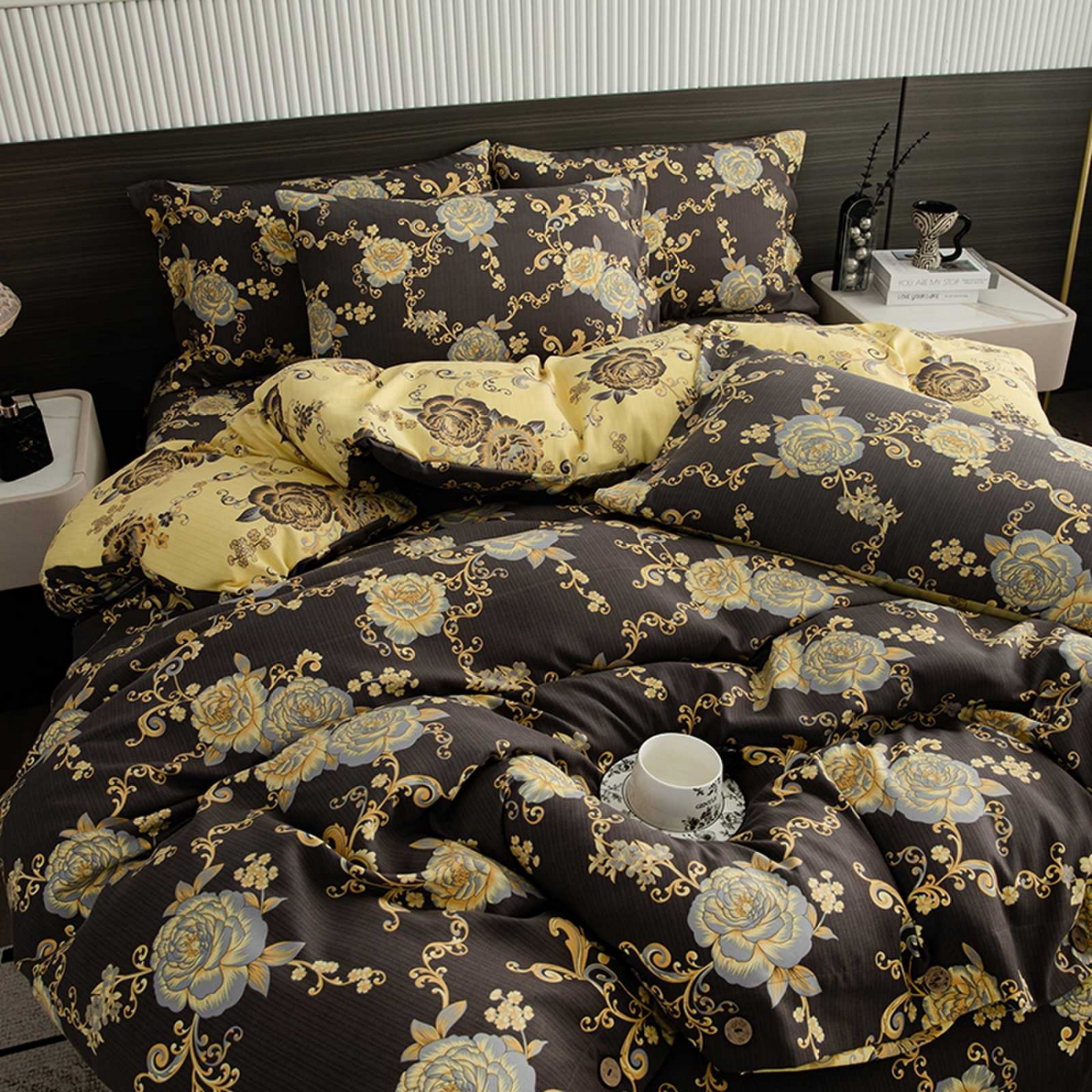 91家纺网 家纺一手货源 找家纺 果洋家纺 2025新款水洗双层纱复古纽扣款轻奢风小碎花系列四件套 花藤倚梦