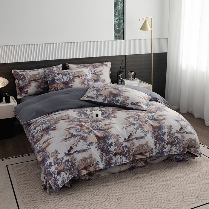 91家纺网 家纺一手货源 找家纺 果洋家纺 2025新款水洗双层纱复古纽扣款轻奢风小碎花系列四件套 江南烟雨