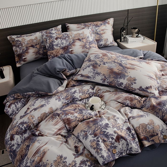 91家纺网 家纺一手货源 找家纺 果洋家纺 2025新款水洗双层纱复古纽扣款轻奢风小碎花系列四件套 江南烟雨