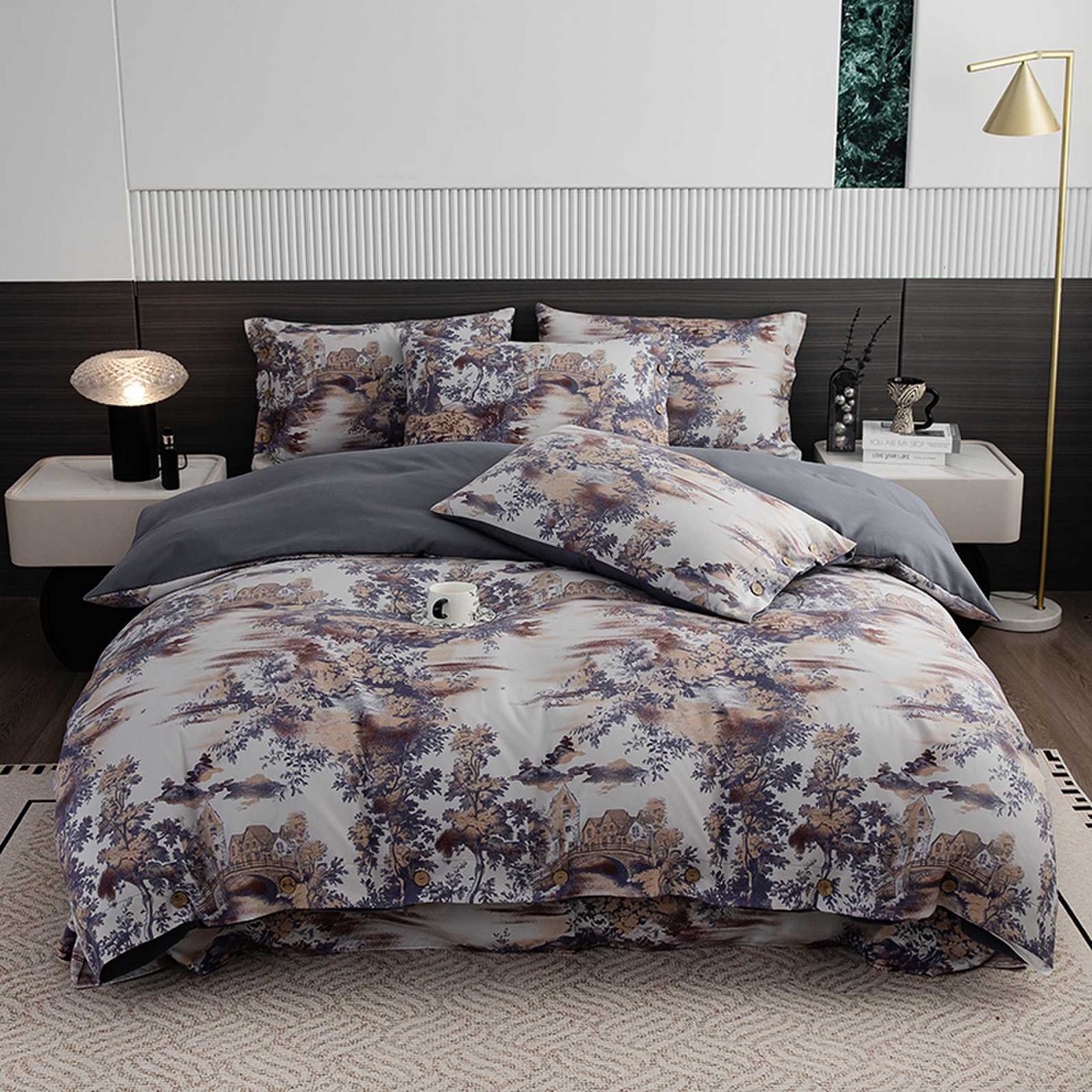 果洋家纺 2025新款水洗双层纱复古纽扣款轻奢风小碎花系列四件套 江南烟雨