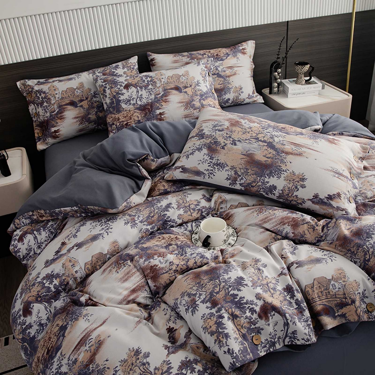 91家纺网 家纺一手货源 找家纺 果洋家纺 2025新款水洗双层纱复古纽扣款轻奢风小碎花系列四件套 江南烟雨