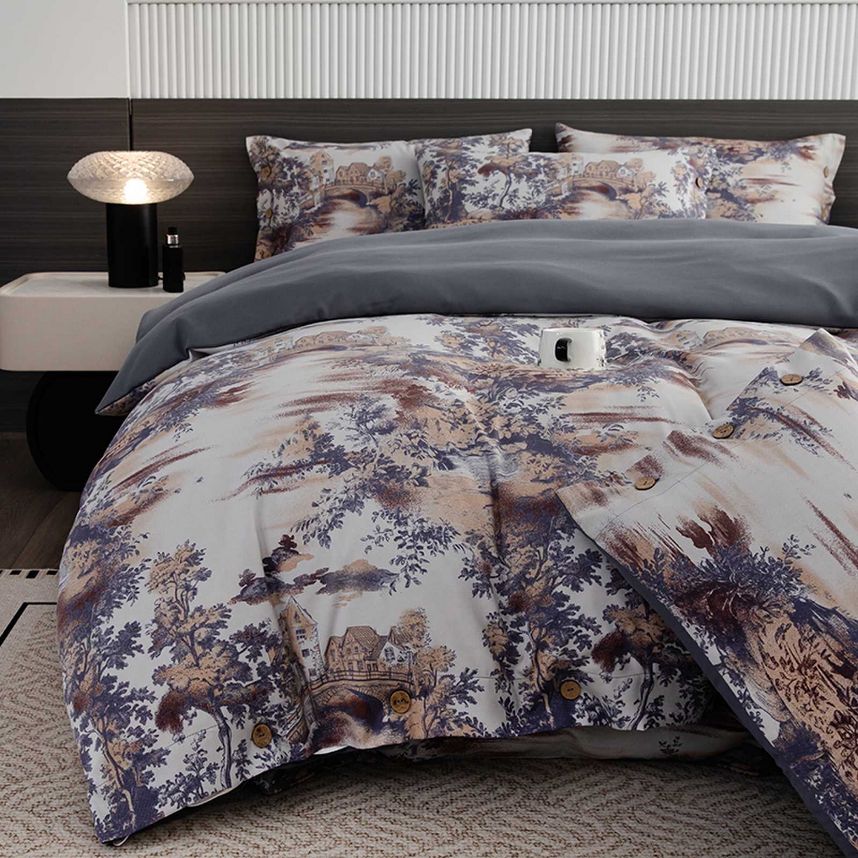 91家纺网 家纺一手货源 找家纺 果洋家纺 2025新款水洗双层纱复古纽扣款轻奢风小碎花系列四件套 江南烟雨