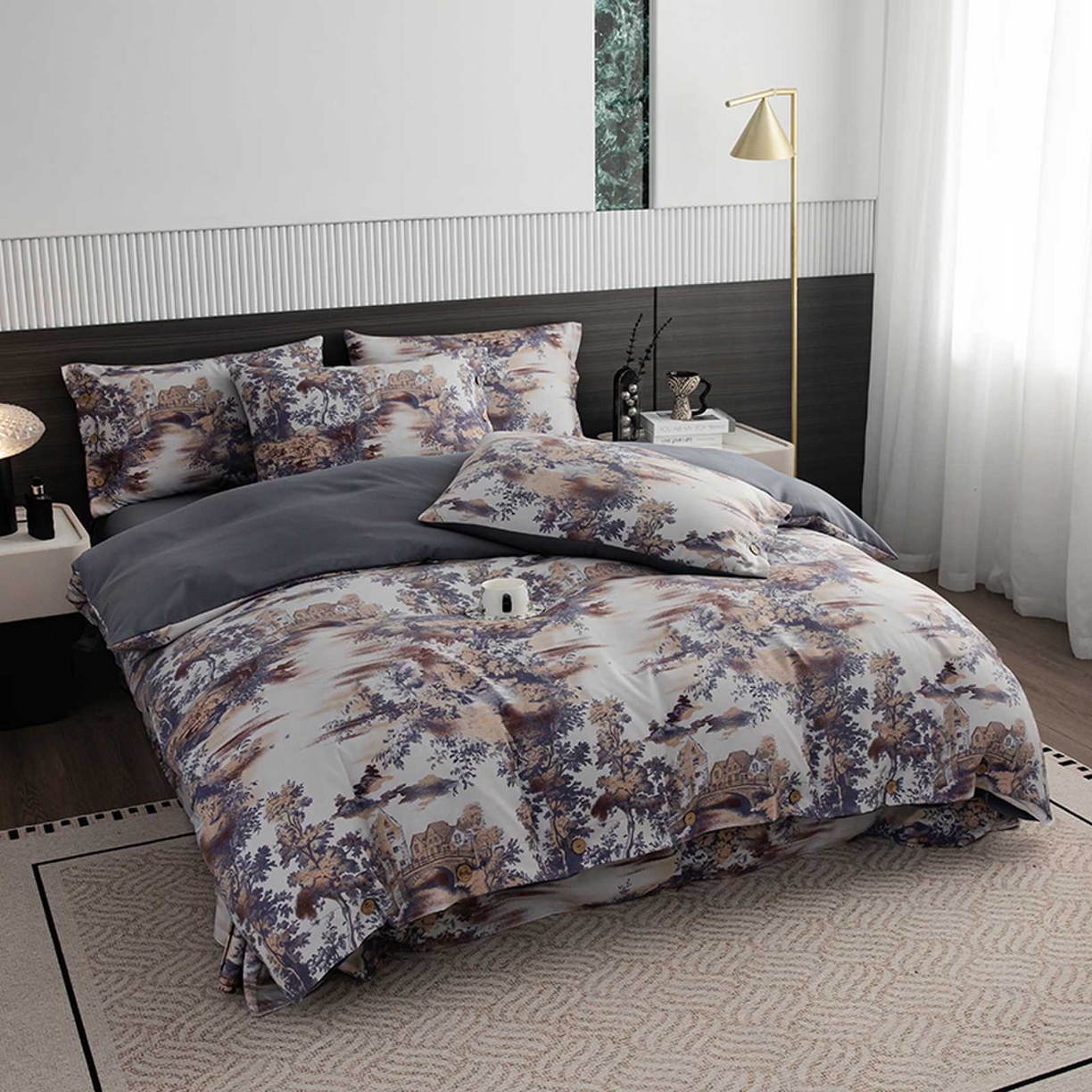 91家纺网 家纺一手货源 找家纺 果洋家纺 2025新款水洗双层纱复古纽扣款轻奢风小碎花系列四件套 江南烟雨