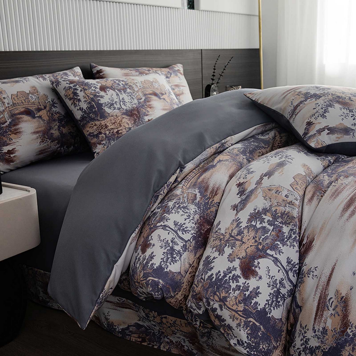 91家纺网 家纺一手货源 找家纺 果洋家纺 2025新款水洗双层纱复古纽扣款轻奢风小碎花系列四件套 江南烟雨