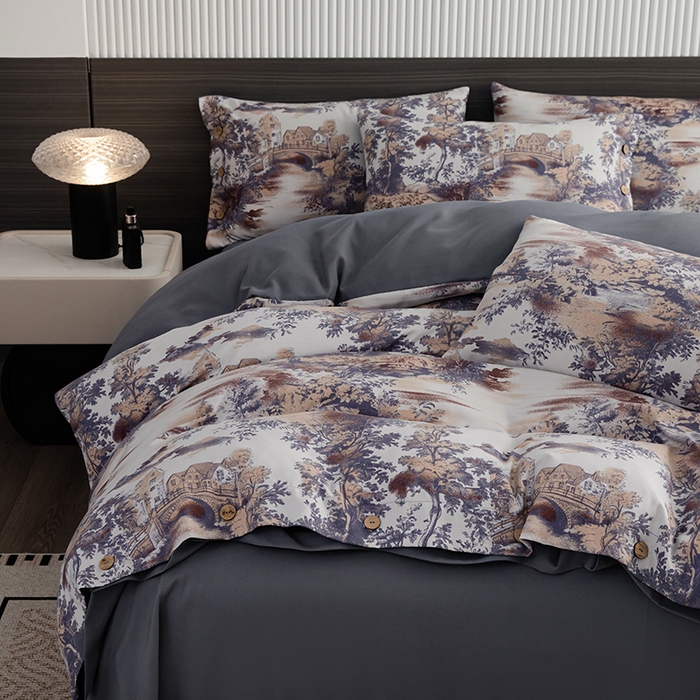 91家纺网 家纺一手货源 找家纺 果洋家纺 2025新款水洗双层纱复古纽扣款轻奢风小碎花系列四件套 江南烟雨