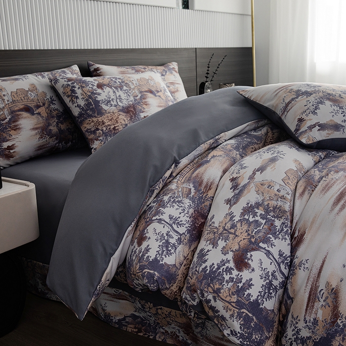 91家纺网 家纺一手货源 找家纺 果洋家纺 2025新款水洗双层纱复古纽扣款轻奢风小碎花系列四件套 江南烟雨