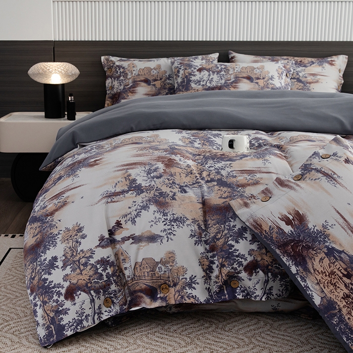 91家纺网 家纺一手货源 找家纺 果洋家纺 2025新款水洗双层纱复古纽扣款轻奢风小碎花系列四件套 江南烟雨