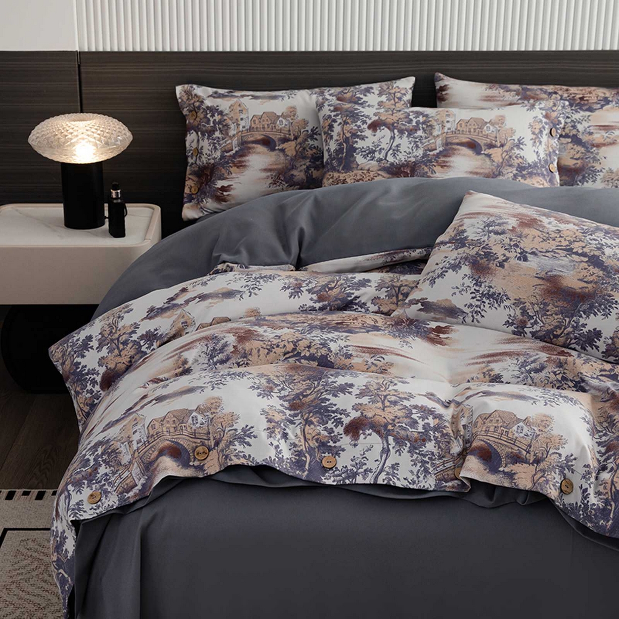 91家纺网 家纺一手货源 找家纺 果洋家纺 2025新款水洗双层纱复古纽扣款轻奢风小碎花系列四件套 江南烟雨