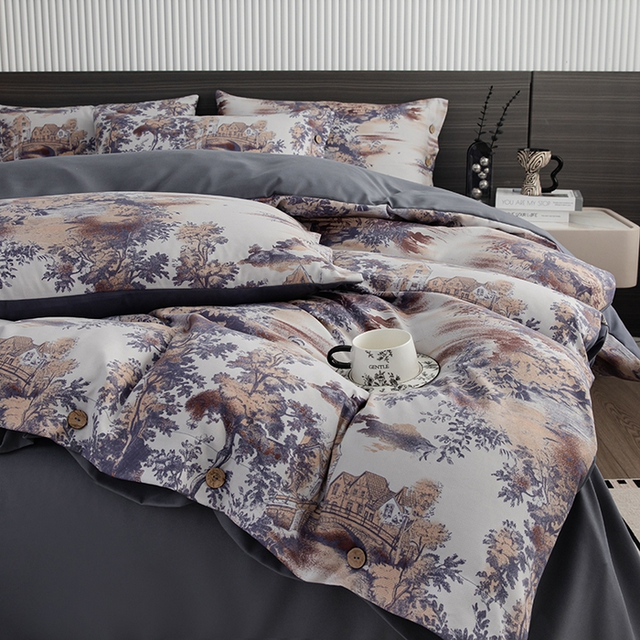 91家纺网 家纺一手货源 找家纺 果洋家纺 2025新款水洗双层纱复古纽扣款轻奢风小碎花系列四件套 江南烟雨