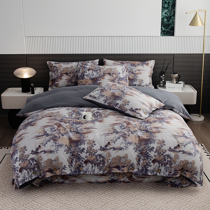 91家纺网 家纺一手货源 找家纺 果洋家纺 2025新款水洗双层纱复古纽扣款轻奢风小碎花系列四件套 江南烟雨