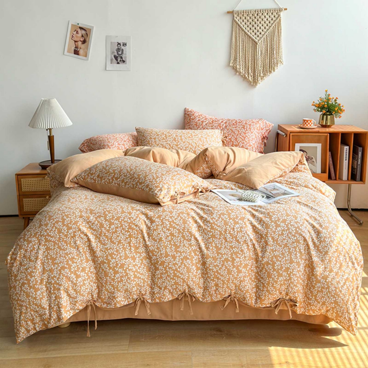 果洋家纺 2025新款水洗双层纱复古纽扣款轻奢风小碎花系列四件套 金枝玉叶-黄