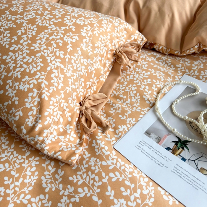 91家纺网 家纺一手货源 找家纺 果洋家纺 2025新款水洗双层纱复古纽扣款轻奢风小碎花系列四件套 金枝玉叶-黄