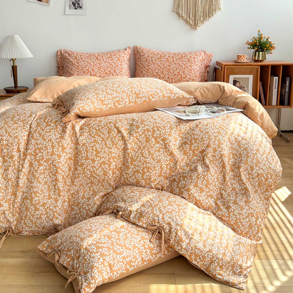 91家纺网 家纺一手货源 找家纺 果洋家纺 2025新款水洗双层纱复古纽扣款轻奢风小碎花系列四件套 金枝玉叶-黄