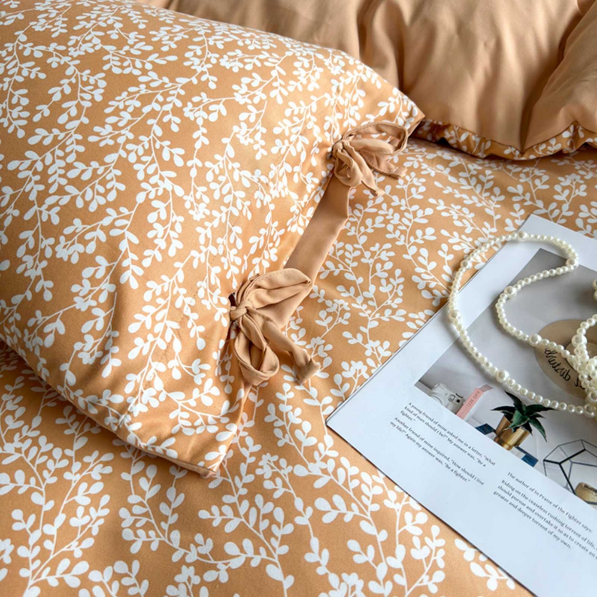 91家纺网 家纺一手货源 找家纺 果洋家纺 2025新款水洗双层纱复古纽扣款轻奢风小碎花系列四件套 金枝玉叶-黄