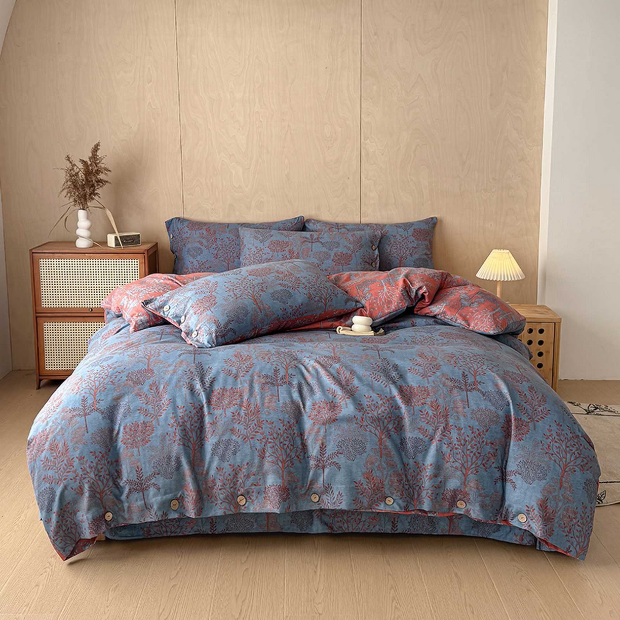 果洋家纺 2025新款水洗双层纱复古纽扣款轻奢风小碎花系列四件套 森林奇缘