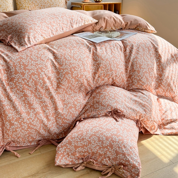 91家纺网 家纺一手货源 找家纺 果洋家纺 2025新款水洗双层纱复古纽扣款轻奢风小碎花系列四件套 金枝玉叶-藕粉