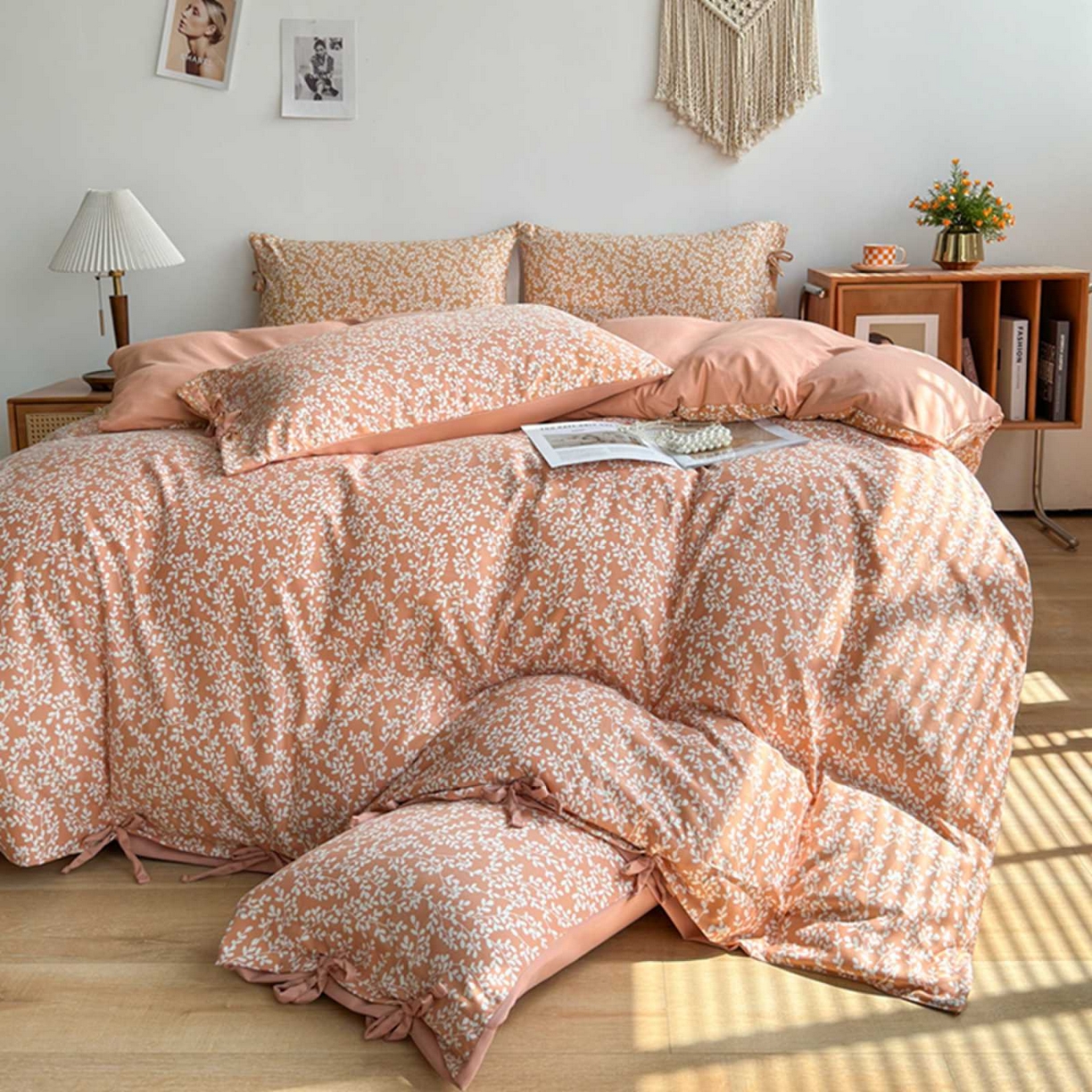 91家纺网 家纺一手货源 找家纺 果洋家纺 2025新款水洗双层纱复古纽扣款轻奢风小碎花系列四件套 金枝玉叶-藕粉