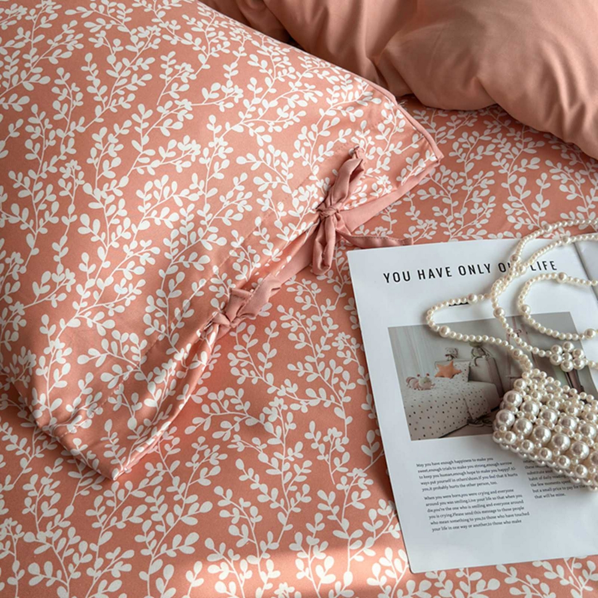 91家纺网 家纺一手货源 找家纺 果洋家纺 2025新款水洗双层纱复古纽扣款轻奢风小碎花系列四件套 金枝玉叶-藕粉