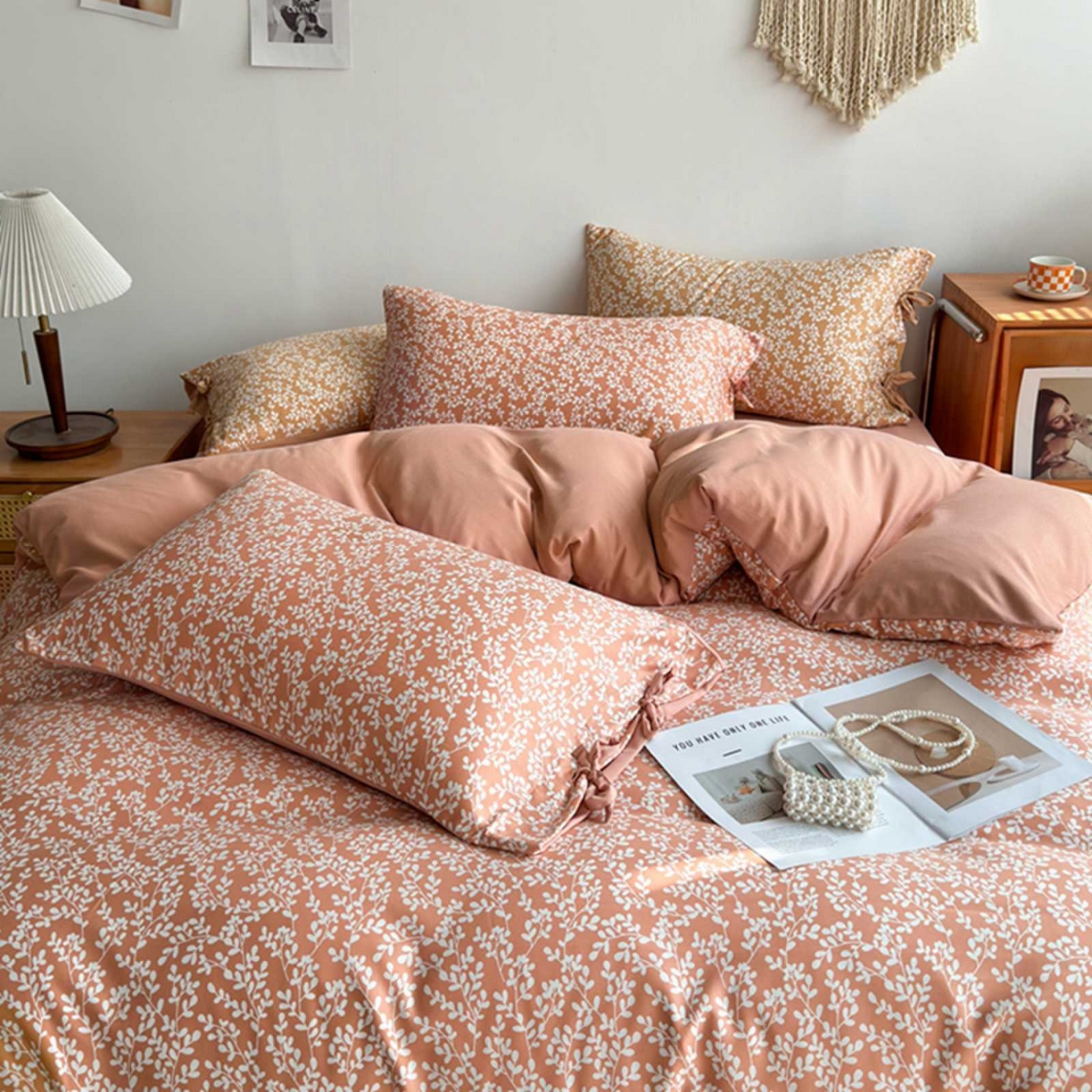 91家纺网 家纺一手货源 找家纺 果洋家纺 2025新款水洗双层纱复古纽扣款轻奢风小碎花系列四件套 金枝玉叶-藕粉