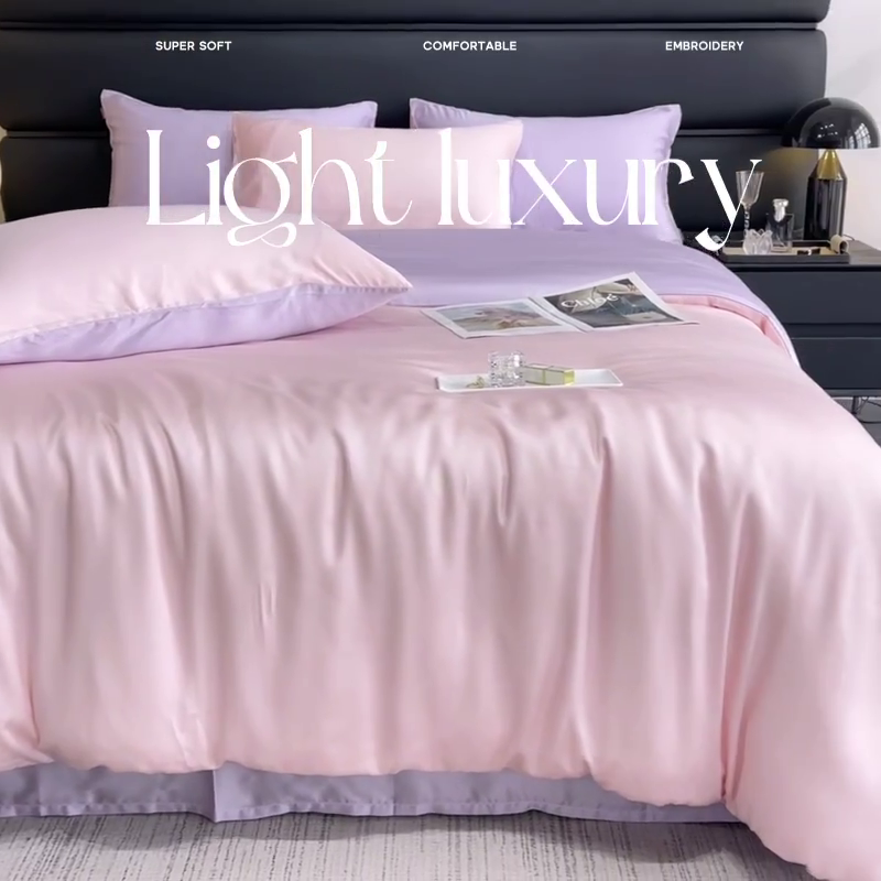 91家纺网 家纺一手货源 找家纺 （总）【A类100支兰精天丝】夏季轻奢风真丝四件套拼色纯色简约凉感冰丝绸床上用品