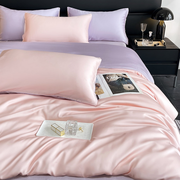 91家纺网 家纺一手货源 找家纺 （总）【A类100支兰精天丝】夏季轻奢风真丝四件套拼色纯色简约凉感冰丝绸床上用品