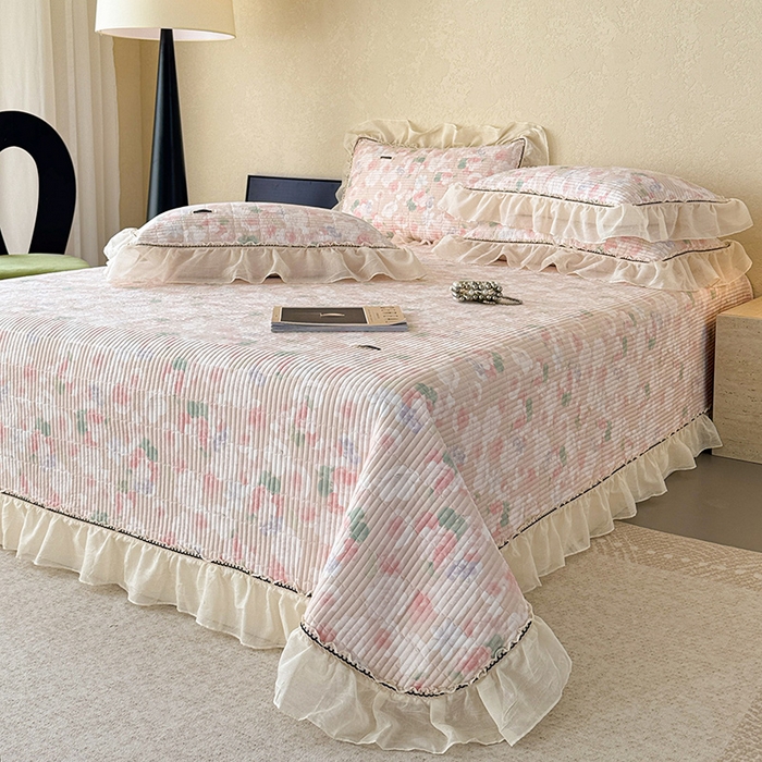 91家纺网 家纺一手货源 找家纺 （总）蓝邻家纺 2025春夏新款全棉纯棉双层纱织带款床盖-场景二