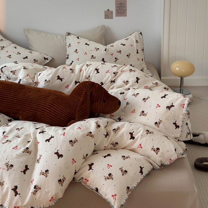 91家纺网 家纺一手货源 找家纺 洋铭区（原狠狠爱） 2025新款小清新全棉纯棉双层纱四件套 快乐狗狗