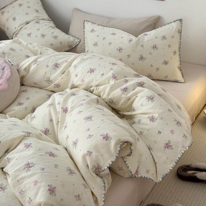 91家纺网 家纺一手货源 找家纺 洋铭区（原狠狠爱） 2025新款小清新全棉纯棉双层纱四件套 紫精灵