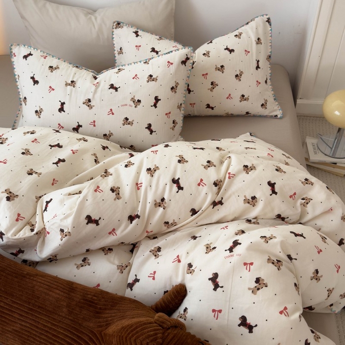 91家纺网 家纺一手货源 找家纺 洋铭区（原狠狠爱） 2025新款小清新全棉纯棉双层纱四件套 快乐狗狗