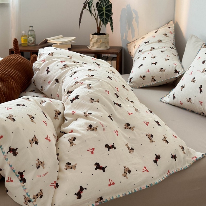 91家纺网 家纺一手货源 找家纺 洋铭区（原狠狠爱） 2025新款小清新全棉纯棉双层纱四件套 快乐狗狗