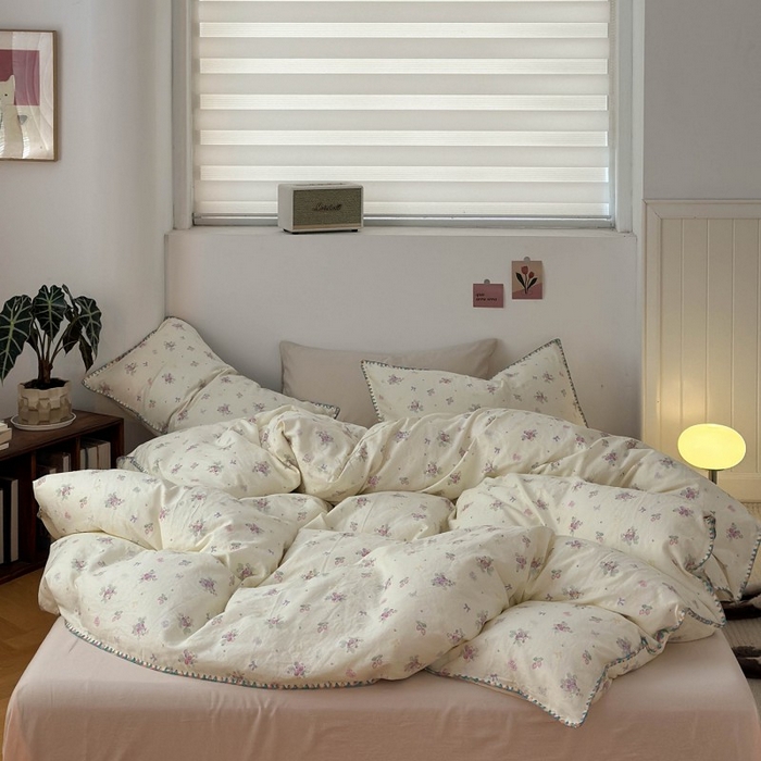 91家纺网 家纺一手货源 找家纺 洋铭区（原狠狠爱） 2025新款小清新全棉纯棉双层纱四件套 紫精灵