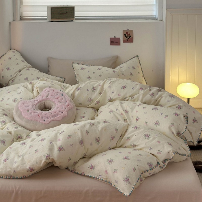 91家纺网 家纺一手货源 找家纺 洋铭区（原狠狠爱） 2025新款小清新全棉纯棉双层纱四件套 紫精灵