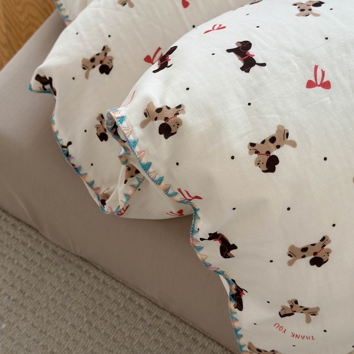 91家纺网 家纺一手货源 找家纺 洋铭区（原狠狠爱） 2025新款小清新全棉纯棉双层纱四件套 快乐狗狗