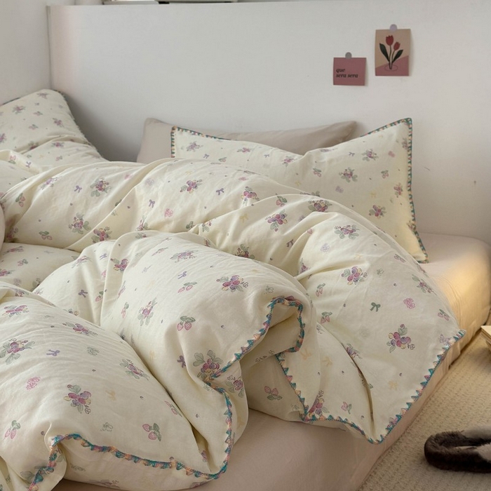 91家纺网 家纺一手货源 找家纺 洋铭区（原狠狠爱） 2025新款小清新全棉纯棉双层纱四件套 紫精灵