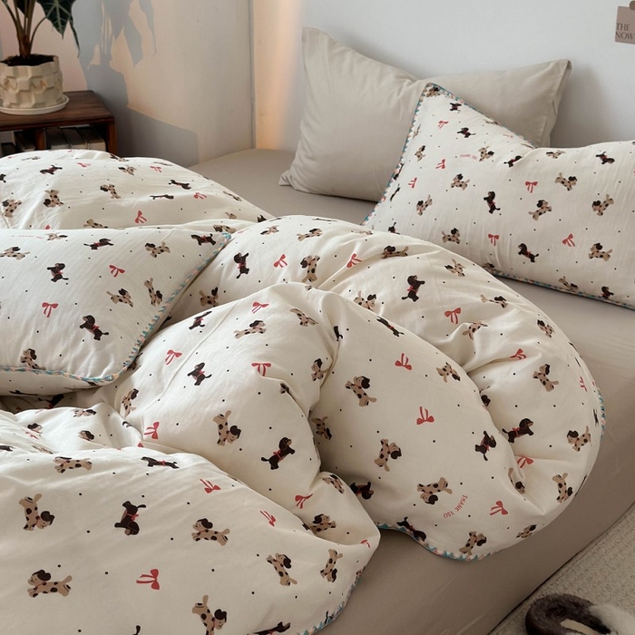 91家纺网 家纺一手货源 找家纺 洋铭区（原狠狠爱） 2025新款小清新全棉纯棉双层纱四件套 快乐狗狗