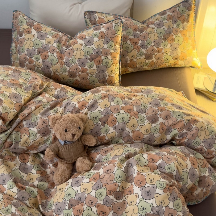 91家纺网 家纺一手货源 找家纺 洋铭区（原狠狠爱） 2025新款小清新全棉纯棉双层纱四件套 棕熊宝贝
