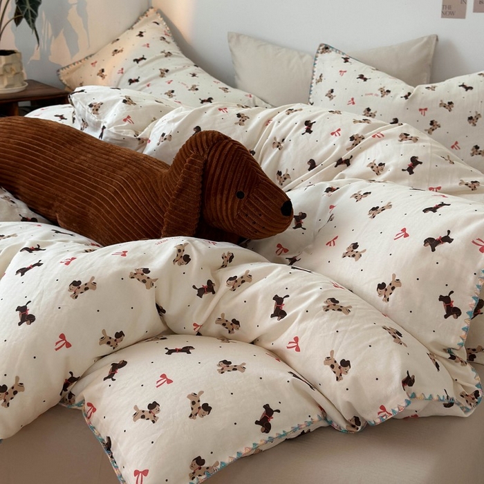 91家纺网 家纺一手货源 找家纺 洋铭区（原狠狠爱） 2025新款小清新全棉纯棉双层纱四件套 快乐狗狗