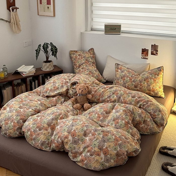 91家纺网 家纺一手货源 找家纺 洋铭区（原狠狠爱） 2025新款小清新全棉纯棉双层纱四件套 棕熊宝贝