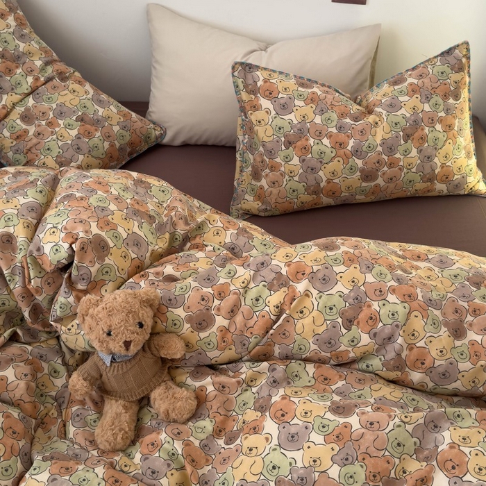 91家纺网 家纺一手货源 找家纺 洋铭区（原狠狠爱） 2025新款小清新全棉纯棉双层纱四件套 棕熊宝贝