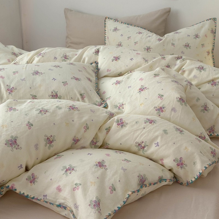 91家纺网 家纺一手货源 找家纺 洋铭区（原狠狠爱） 2025新款小清新全棉纯棉双层纱四件套 紫精灵