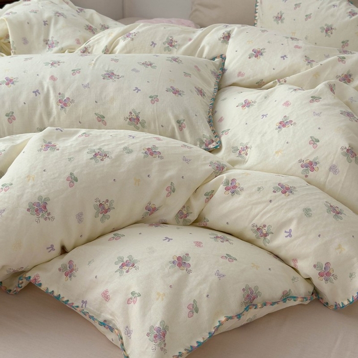 91家纺网 家纺一手货源 找家纺 洋铭区（原狠狠爱） 2025新款小清新全棉纯棉双层纱四件套 紫精灵