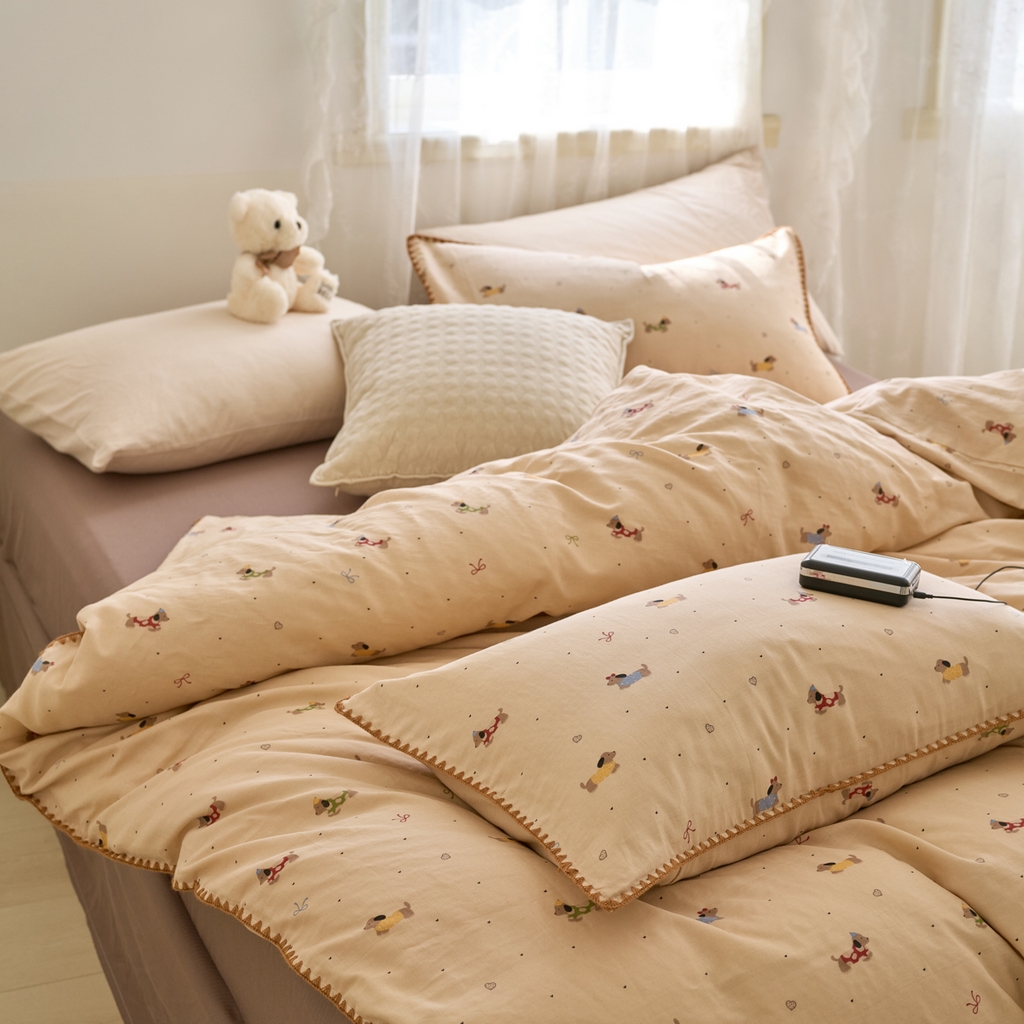 91家纺网 家纺一手货源 找家纺 洋铭区（原狠狠爱） 2025新款A类全棉双层纱四件套 爱心狗狗