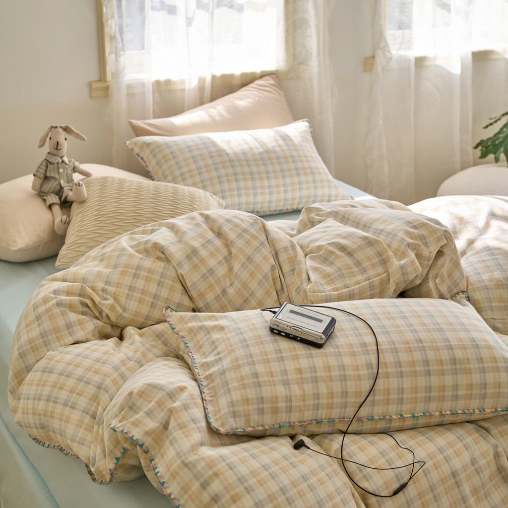 91家纺网 家纺一手货源 找家纺 洋铭区（原狠狠爱） 2025新款A类全棉双层纱四件套 海盐彩格