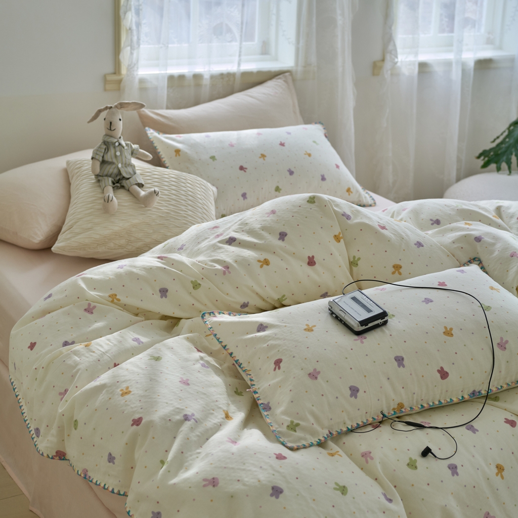 91家纺网 家纺一手货源 找家纺 洋铭区（原狠狠爱） 2025新款A类全棉双层纱四件套 开心兔