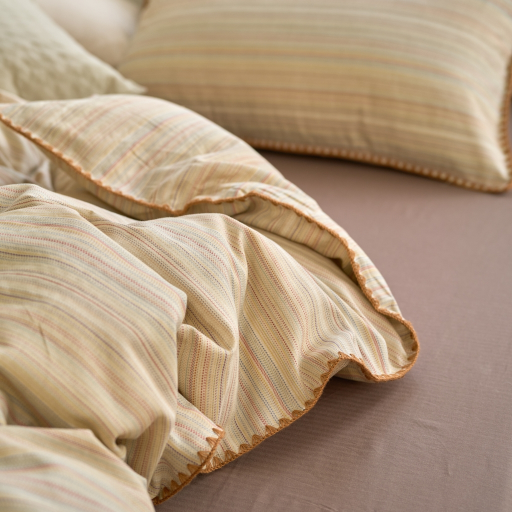 91家纺网 家纺一手货源 找家纺 洋铭区（原狠狠爱） 2025新款A类全棉双层纱四件套 波斯彩条